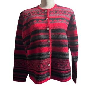 Vintage Karen Scott Women's Red and Black Fair Isle Cardigan
